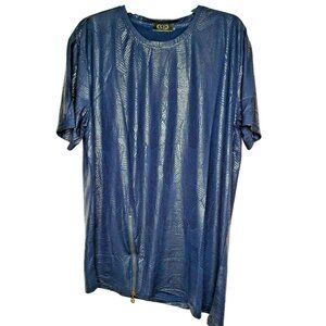 Rare Gold Leaf Navy Blue Slant Zipper Hem Leathery Feel Short Sleeve Shirt